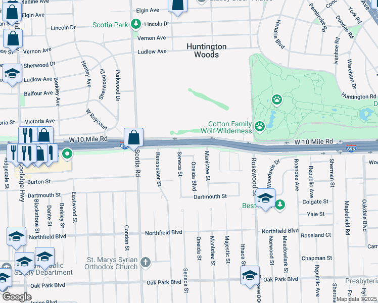 map of restaurants, bars, coffee shops, grocery stores, and more near 10460 Oneida Avenue in Oak Park