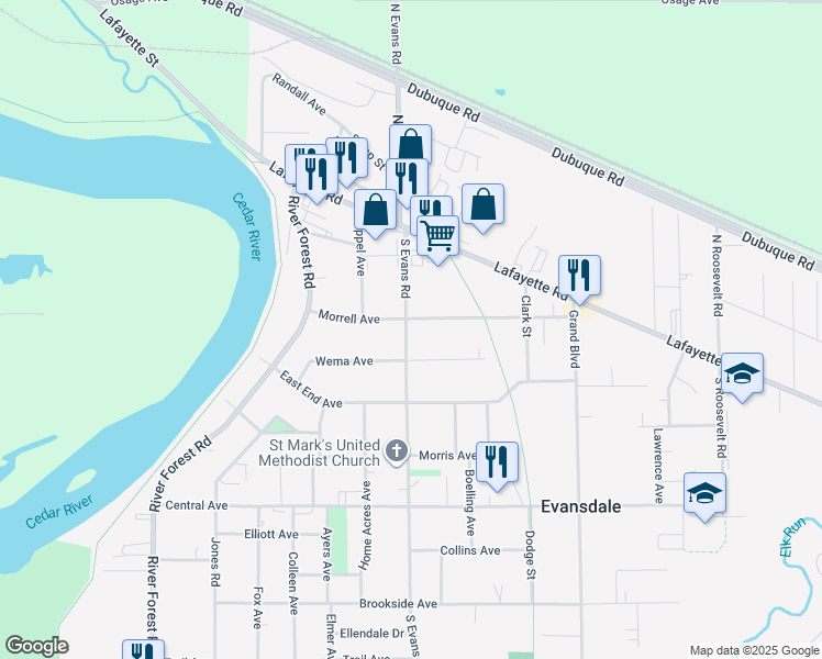 map of restaurants, bars, coffee shops, grocery stores, and more near in Waterloo