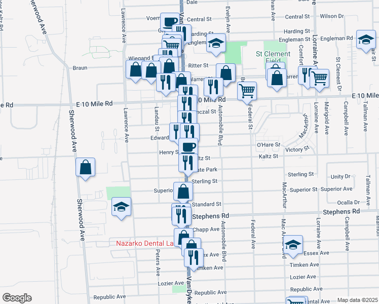 map of restaurants, bars, coffee shops, grocery stores, and more near 24526 Van Dyke Avenue in Center Line