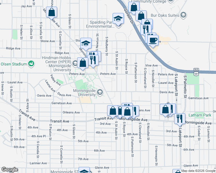 map of restaurants, bars, coffee shops, grocery stores, and more near 1626 Morningside Avenue in Sioux City