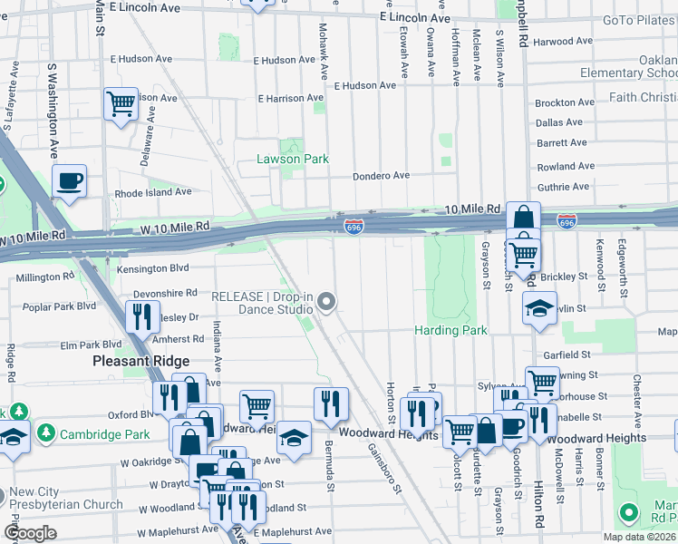 map of restaurants, bars, coffee shops, grocery stores, and more near 3300 Bermuda Street in Ferndale