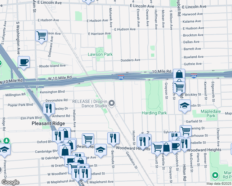 map of restaurants, bars, coffee shops, grocery stores, and more near 3300 Bermuda Street in Ferndale