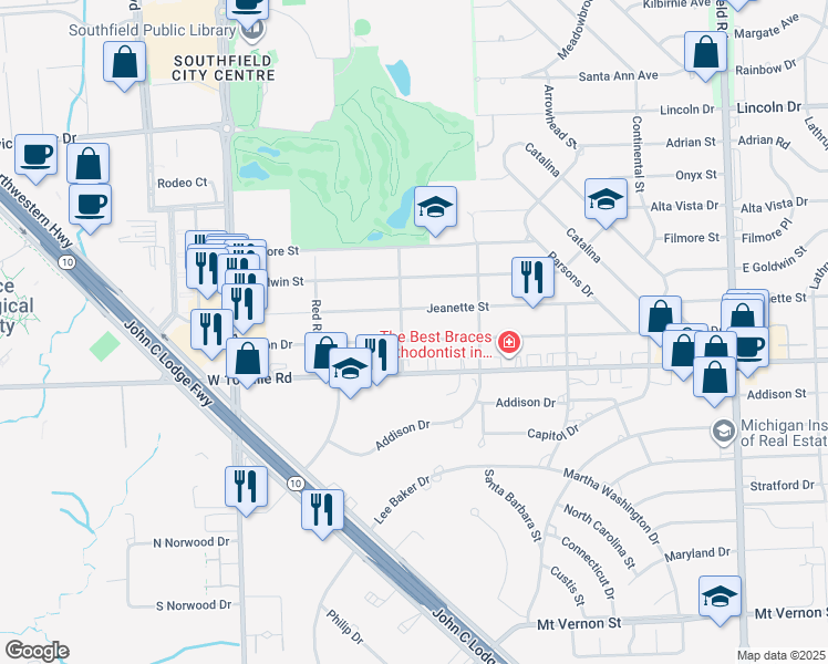 map of restaurants, bars, coffee shops, grocery stores, and more near 19160 Hilton Drive in Southfield