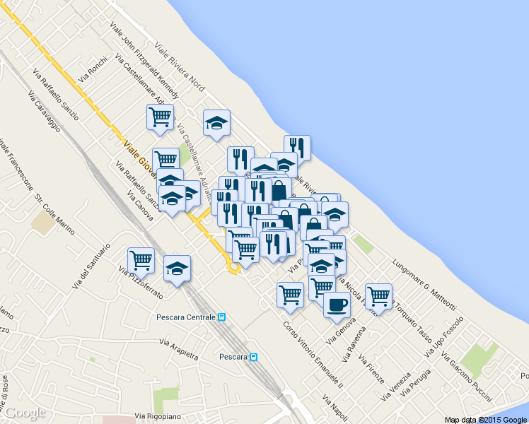 map of restaurants, bars, coffee shops, grocery stores, and more near Via de Amicis in Pescara