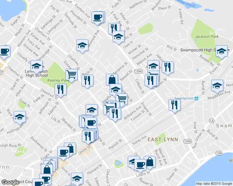 map of restaurants, bars, coffee shops, grocery stores, and more near 18 Ingalls Street in Lynn