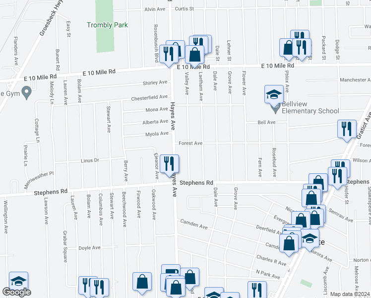 map of restaurants, bars, coffee shops, grocery stores, and more near 24355 Valley Avenue in Eastpointe