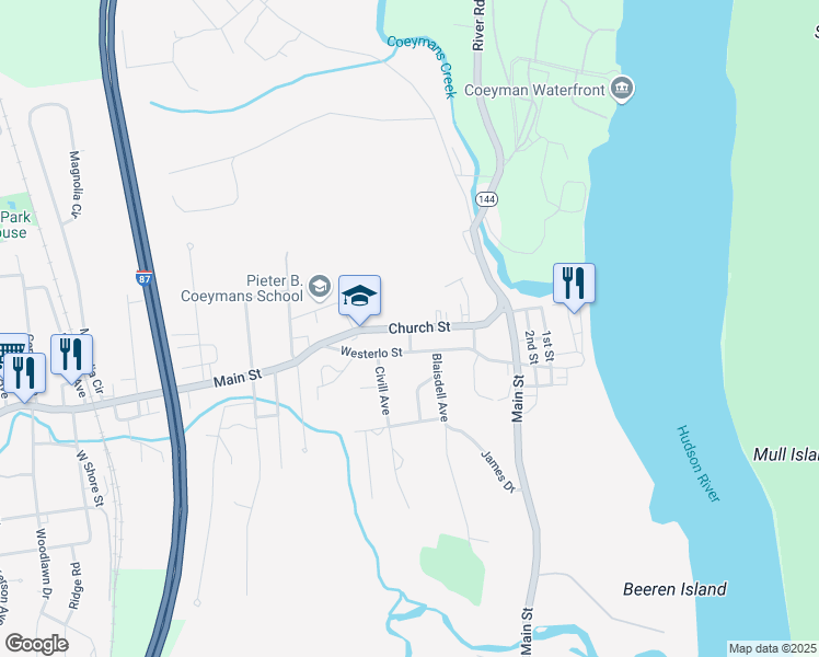 map of restaurants, bars, coffee shops, grocery stores, and more near Church Street in Coeymans