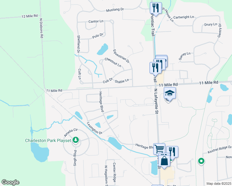 map of restaurants, bars, coffee shops, grocery stores, and more near 61661 11 Mile Road in South Lyon
