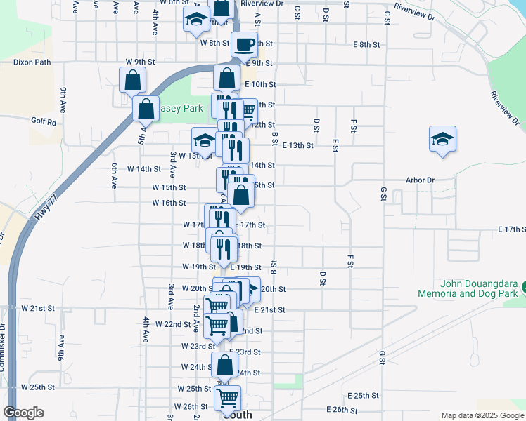 map of restaurants, bars, coffee shops, grocery stores, and more near 1619 B Street in South Sioux City