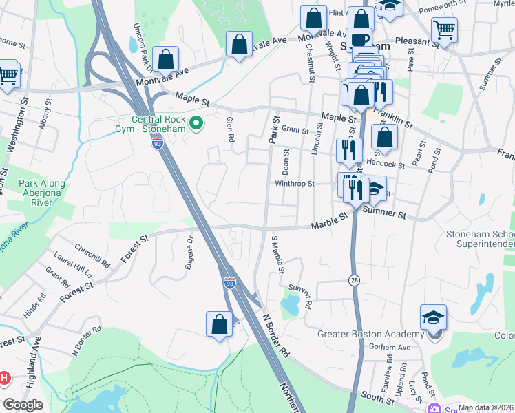 map of restaurants, bars, coffee shops, grocery stores, and more near 22 Everett Street in Stoneham