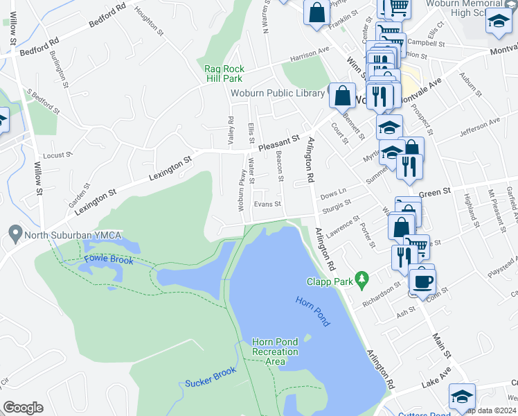 map of restaurants, bars, coffee shops, grocery stores, and more near 57 Sturgis Street in Woburn