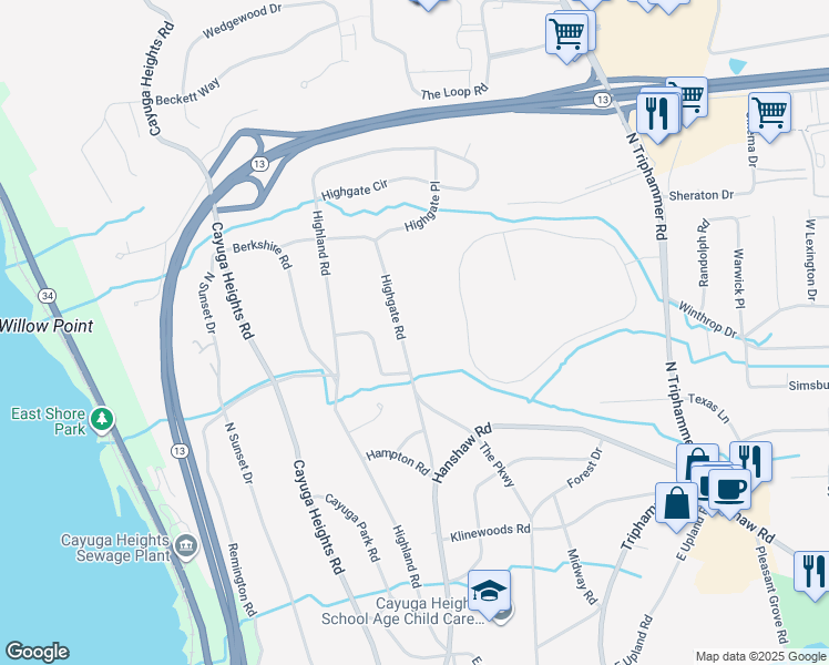 map of restaurants, bars, coffee shops, grocery stores, and more near 207 Highgate Road in Ithaca
