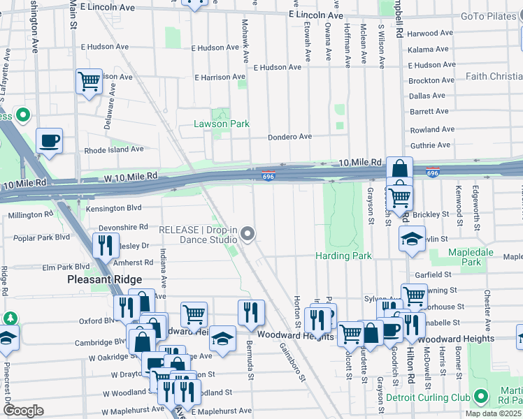 map of restaurants, bars, coffee shops, grocery stores, and more near 3270 Bermuda Street in Ferndale