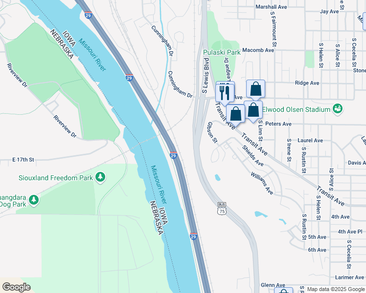 map of restaurants, bars, coffee shops, grocery stores, and more near 1603 Pavonia Street in Sioux City