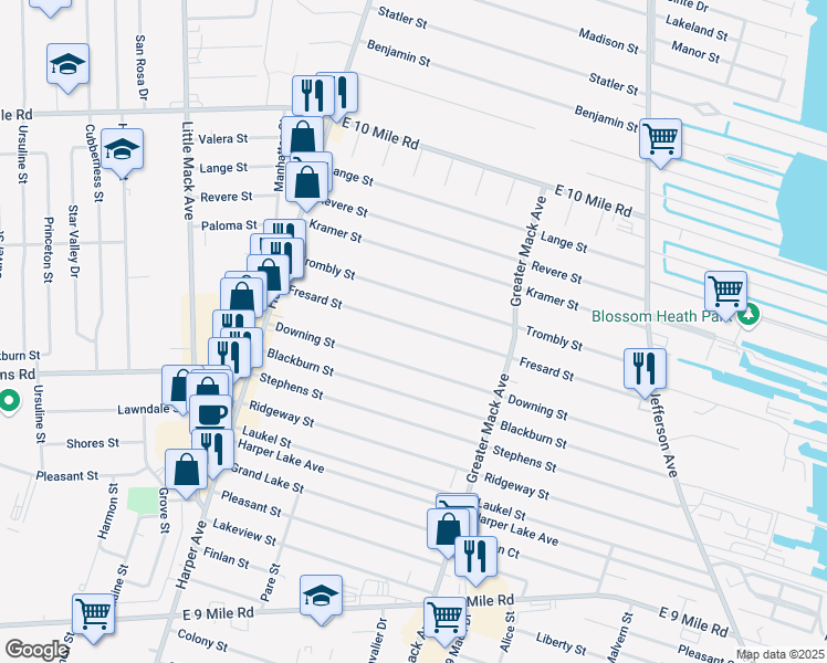 map of restaurants, bars, coffee shops, grocery stores, and more near 21900 Fresard Street in St. Clair Shores