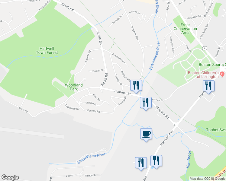 map of restaurants, bars, coffee shops, grocery stores, and more near 23 Summer Street in Bedford