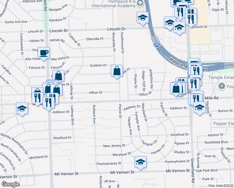 map of restaurants, bars, coffee shops, grocery stores, and more near 16955 Hilton Street in Southfield