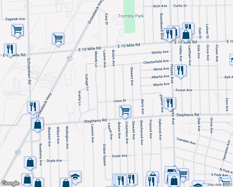 map of restaurants, bars, coffee shops, grocery stores, and more near 24364 Bolam Avenue in Warren