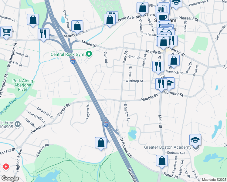 map of restaurants, bars, coffee shops, grocery stores, and more near 22 Everett Street in Stoneham