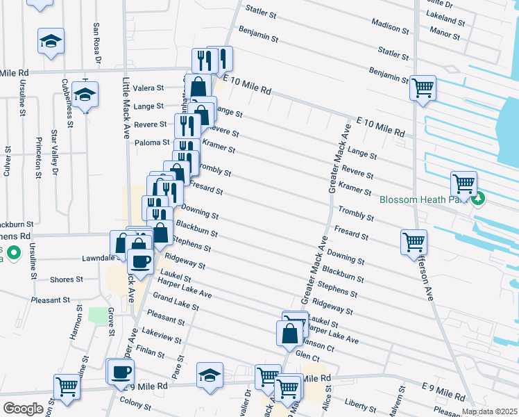 map of restaurants, bars, coffee shops, grocery stores, and more near 21900 Fresard Street in St. Clair Shores