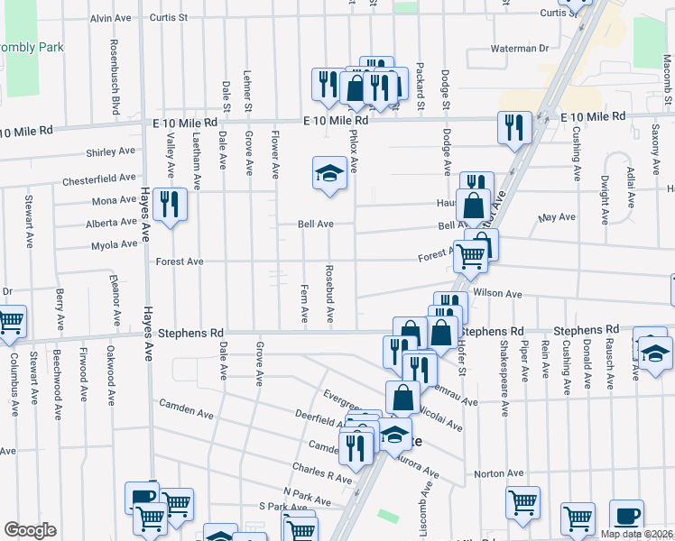 map of restaurants, bars, coffee shops, grocery stores, and more near 24441 Phlox Avenue in Eastpointe