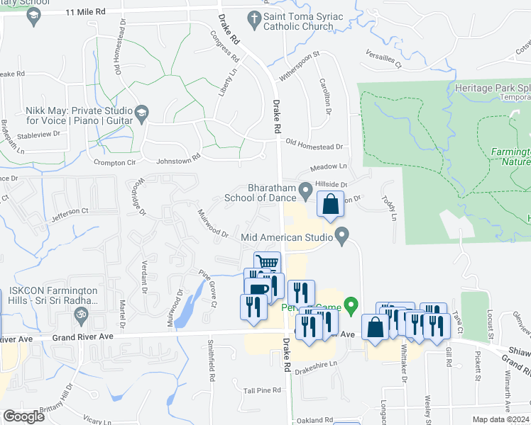 map of restaurants, bars, coffee shops, grocery stores, and more near 24942 Ravine Court in Farmington Hills