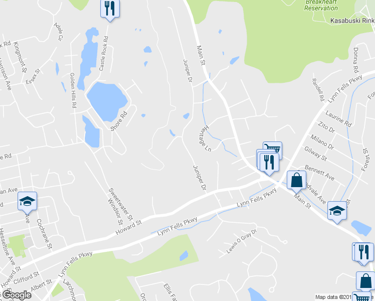 map of restaurants, bars, coffee shops, grocery stores, and more near 24 Juniper Drive in Saugus