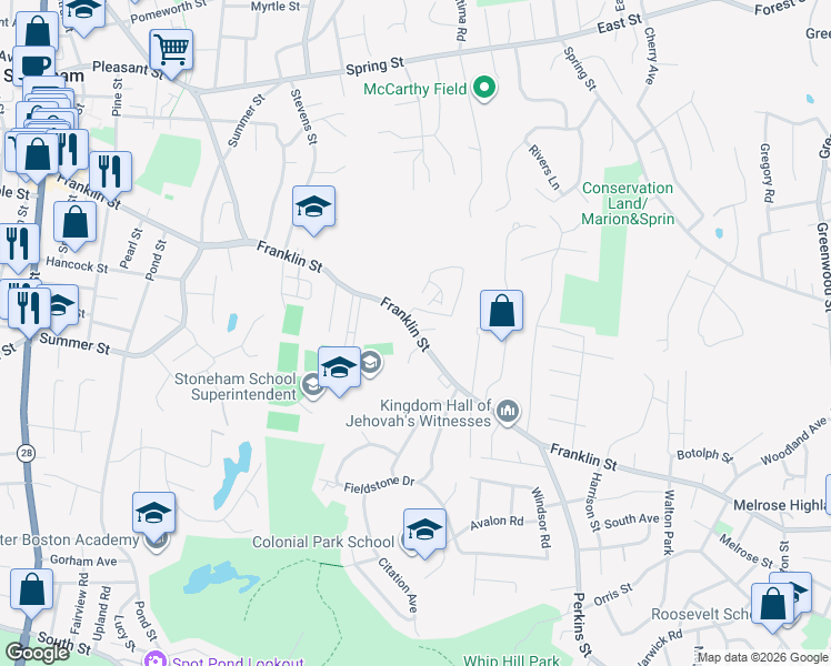 map of restaurants, bars, coffee shops, grocery stores, and more near 169R Franklin Street in Stoneham