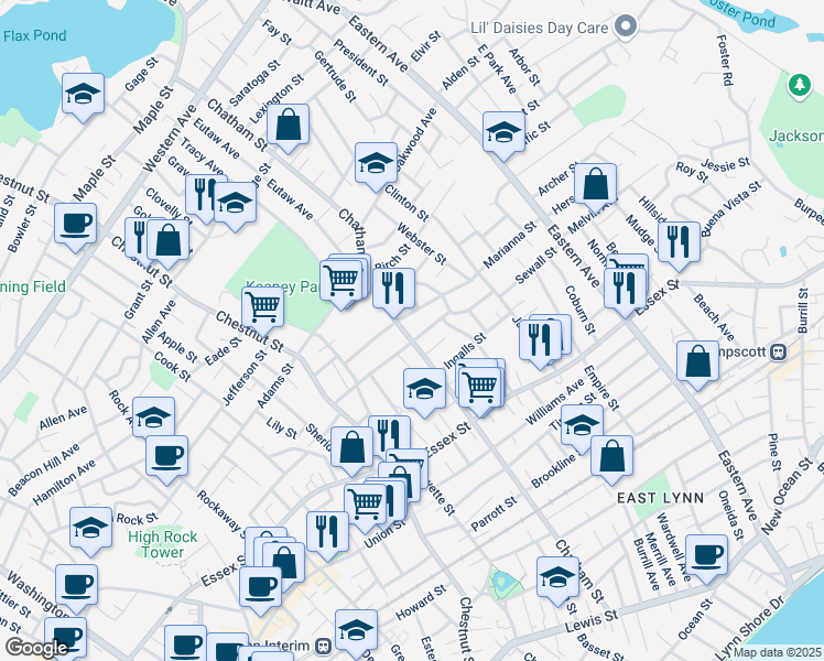 map of restaurants, bars, coffee shops, grocery stores, and more near 243 Chatham Street in Lynn