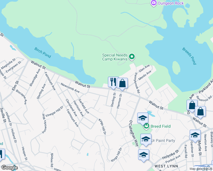 map of restaurants, bars, coffee shops, grocery stores, and more near 590 Walnut Street in Lynn