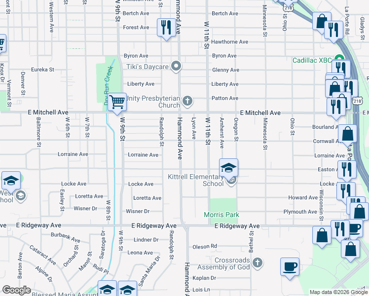 map of restaurants, bars, coffee shops, grocery stores, and more near 1325 Hammond Avenue in Waterloo