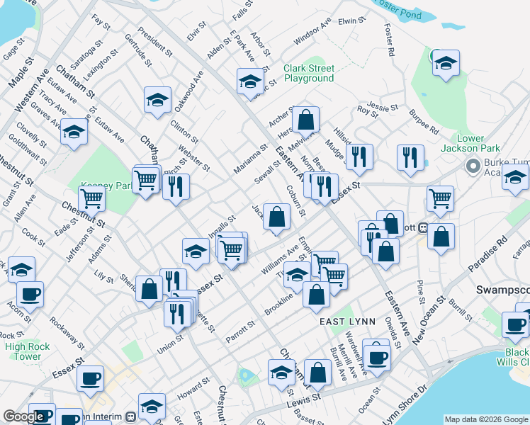 map of restaurants, bars, coffee shops, grocery stores, and more near 29 Jackson Street in Lynn