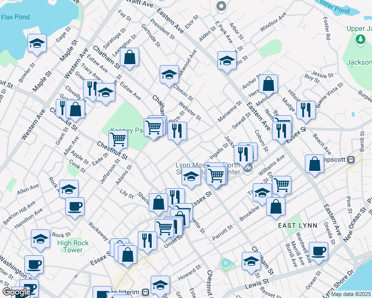 map of restaurants, bars, coffee shops, grocery stores, and more near 243 Chatham Street in Lynn