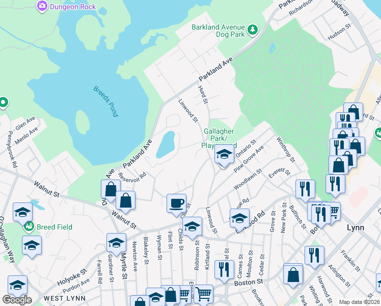 map of restaurants, bars, coffee shops, grocery stores, and more near 27 Bradford Terrace in Lynn
