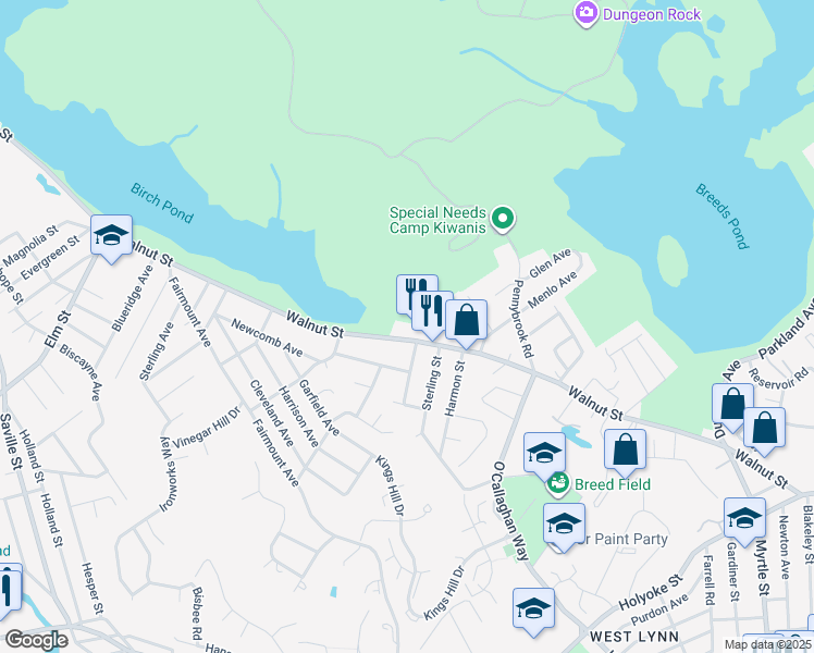 map of restaurants, bars, coffee shops, grocery stores, and more near 590 Walnut Street in Lynn