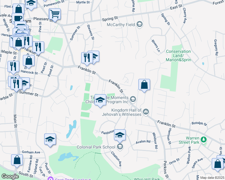 map of restaurants, bars, coffee shops, grocery stores, and more near 169R Franklin Street in Stoneham