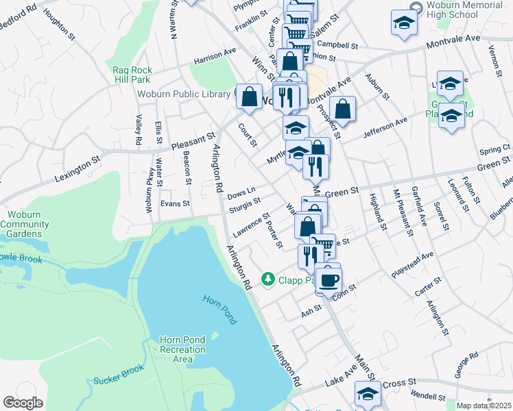 map of restaurants, bars, coffee shops, grocery stores, and more near 22 Sturgis Street in Woburn