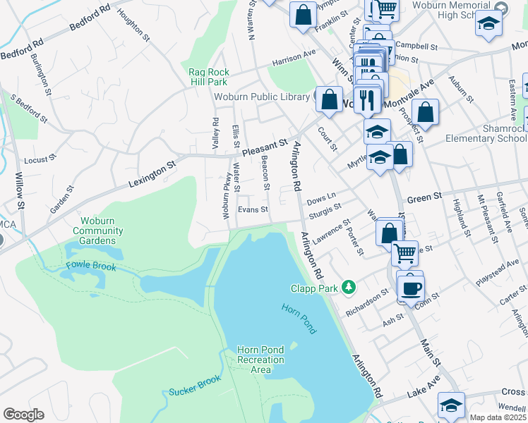 map of restaurants, bars, coffee shops, grocery stores, and more near 57 Sturgis Street in Woburn