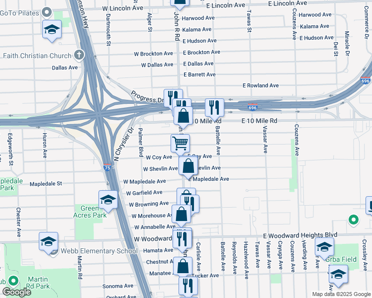 map of restaurants, bars, coffee shops, grocery stores, and more near in Hazel Park