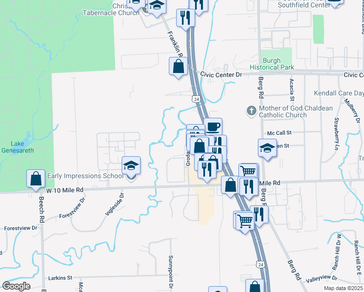 map of restaurants, bars, coffee shops, grocery stores, and more near 25325 Grodan Drive in Southfield