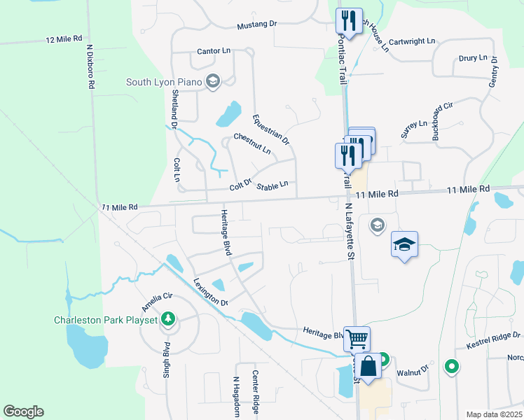 map of restaurants, bars, coffee shops, grocery stores, and more near 61661 11 Mile Road in South Lyon