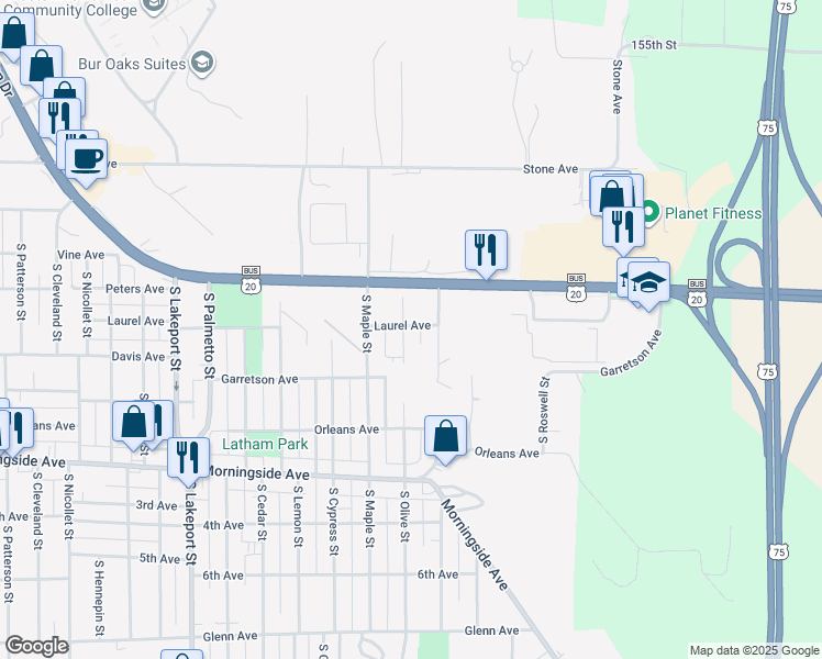 map of restaurants, bars, coffee shops, grocery stores, and more near 1600 South Olive Street in Sioux City