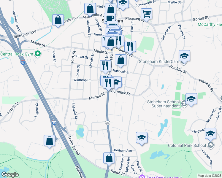 map of restaurants, bars, coffee shops, grocery stores, and more near 492 Main Street in Stoneham