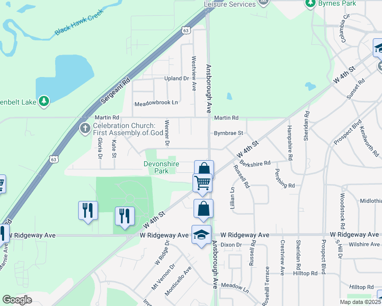 map of restaurants, bars, coffee shops, grocery stores, and more near Presley Circle in Waterloo