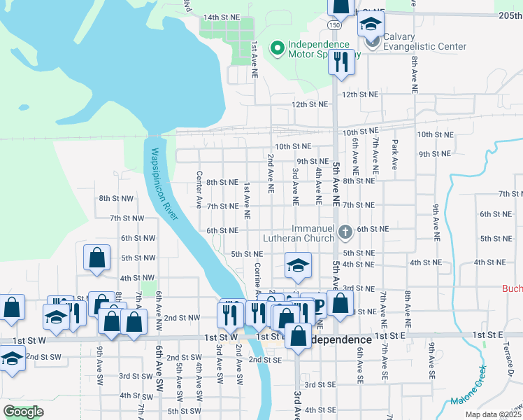 map of restaurants, bars, coffee shops, grocery stores, and more near 111 7th Street Northeast in Independence