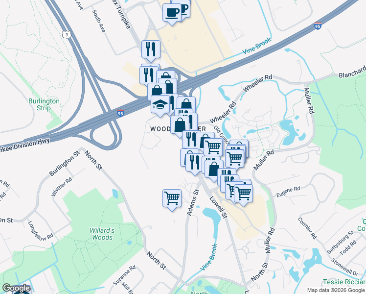 map of restaurants, bars, coffee shops, grocery stores, and more near 62 Middlesex Turnpike in Burlington