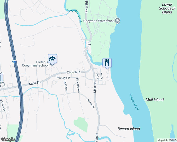 map of restaurants, bars, coffee shops, grocery stores, and more near Church Street in Coeymans