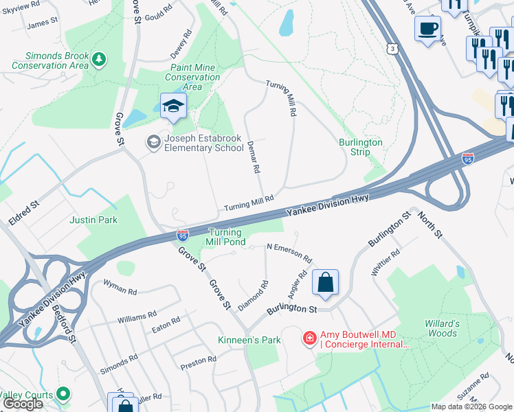 map of restaurants, bars, coffee shops, grocery stores, and more near 7 Turning Mill Road in Lexington