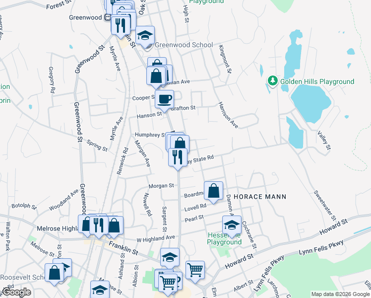 map of restaurants, bars, coffee shops, grocery stores, and more near 1159 Main Street in Melrose