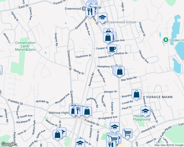 map of restaurants, bars, coffee shops, grocery stores, and more near 6 Spring Street in Wakefield